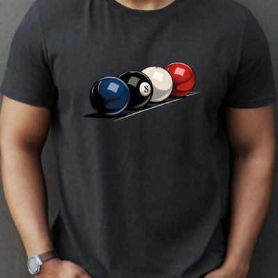 TEMU [1pc Billiard Balls Print Tee] 1pc Men's Casual Billiard Balls Print T-shirt - Summer Round Neck Knit Tee, Polyester Fiber, Stretchy Fabric, Regular Fit Short Sleeve Shirt For Adults Image