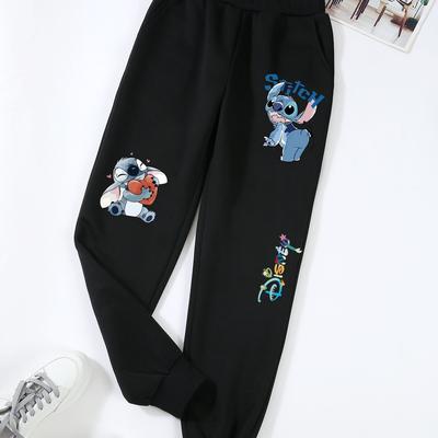 TEMU Stitch Women's Casual Pants With Cute Cartoon Print, Machine Washable, Pockets & Regular Fit For Autumn/winter , Everyday Attire | Design | With Pockets Image