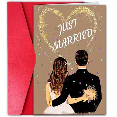 TEMU 1pc Anime-themed Just Married Wedding Greeting Card - Cartoon Bride And Heart For Family, , And Relatives - Paper Card For Wedding Celebration Image