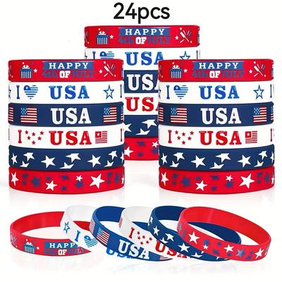 TEMU 12/24pcs American Silicone Bracelets, Elastic And Durable With Usa Flag Patterns, Party Decorations And Gifts Image