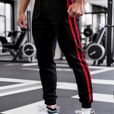 TEMU 1pc Men's Casual Color Block Joggers - Elastic Waistband, Drawstring, Fit, Black With Red Stripes, Ideal For Spring/summer, School, Tennis, Gym & , Relaxed At Home Lounging, Tennis Pants Image