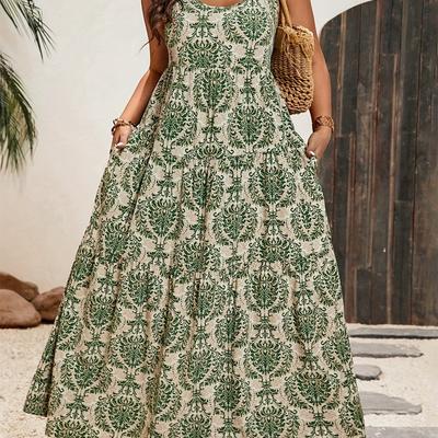 TEMU Women's Plus Size Bohemian Print Maxi Dress With Pockets - Sleeveless, Backless, Casual Summer Dress And Black, Bohemian Dress|bohemian Style|pocketed Dres Image