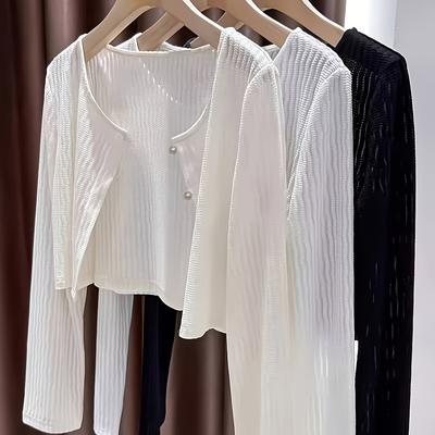 TEMU Women's Chic Off-shoulder Mesh Lace Cardigan - Long Sleeve, Button-up Detail, Ribbed Cover-up For Summer, Beachwear Essential, Beach Coverup | Trim | Stylish Buttonhole Image