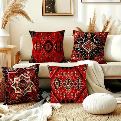 TEMU 4pcs Bohemian Aztec Pillow Covers - Modern Geometric Abstract , Machine Washable Polyester With Zipper Closure, Vibrant Decor, Decorative Pillowcases, Texture Image