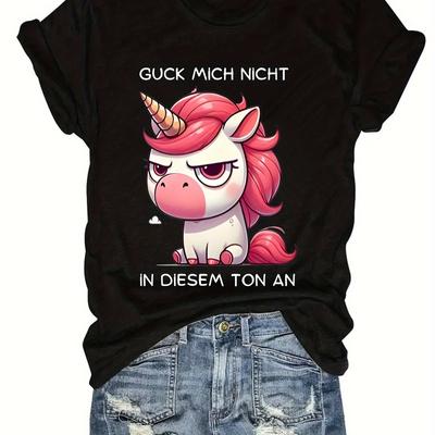 TEMU Women's Casual Short Sleeve T-shirt With Cute Unicorn Graphic Print, Round Neck, Lightweight Polyester, Geometric Pattern, Top, Casual Wear | Graphic Tee | Polyester Image
