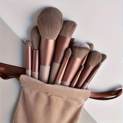 TEMU Luxurious 13pcs Makeup Brush Set With Soft Synthetic Bristles - Includes Travel Bag, Unscented, Polyester Bristles, Suitable For Types, Ideal Valentine's Day Gift Image