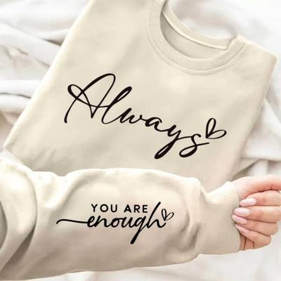 "TEMU 1pc Women's Inspirational Quote Polyester Sweatshirt - Crew Neck, , Knit Fabric With " You Are Enough" Letter Print" Image