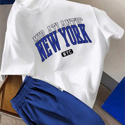 TEMU Men's 2pcs Fashion Casual Suit, Round Neck Short Sleeve T-shirt And Waistband Shorts Set, Suitable For Spring And Summer, Men's Printed Clothing Image