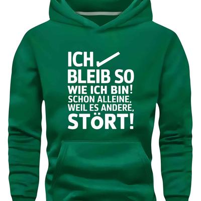"TEMU Men's Plus Size German Text " Stay " Hoodie - Green Geometric Pullover, Relaxed Fit Hooded Sweatshirt With Sleeves, Machine Washable, Everyday , Text Design, No Stretch Fabric, Plus Size" Image