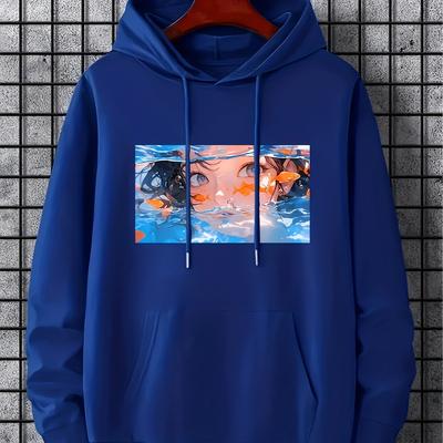 TEMU Anime Girl Pattern Hoodie With Kangaroo Pocket, Men's Casual Stretch Pullover Hooded Sweatshirt Image