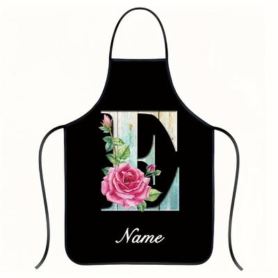 "TEMU 1pc Personalized Day Apron With Initial - Custom Name "a-z" On Pink Background, Durable Polyester, Black Trim, Cooking, Baking, Gardening, Or As A Unique Gift, Mothers Day Gif" Image