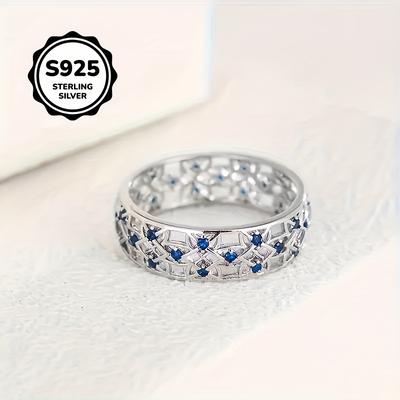 TEMU Stylish 925 Sterling Silvery Blue Synthetic Zirconia Wedding Ring - For Her, Suitable For Valentine's Day, Birthday And Parties Image