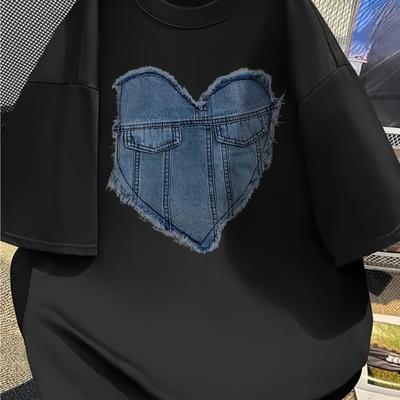 TEMU Plus Size Women's T-shirt With Heart Patch Design - Casual & Stylish Short Sleeve Crew Neck Top - Comfortable, Lightweight Fabric - Spring/summer Fashion, Oversized Te Image