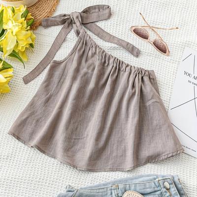 TEMU Boho Chic Khaki A-line Tank Top With Adjustable Tie-back & High-low Hem - Sleeveless, Loose Fit For Weddings, Beach, Festivals, Summer, Summer Casual Wear | Asymmetrical Dress | Polyester Fabric Image