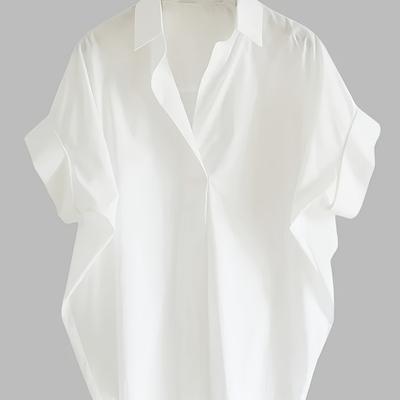 TEMU Elegant Women's Short Sleeve Blouse - Solid Color, Loose Fit, Collar Style, Ideal For Office & Work, White Image