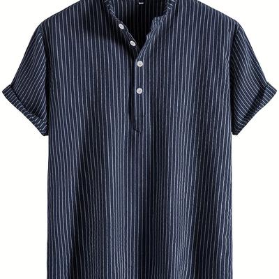 TEMU Men's Breathable Striped Short Sleeve Shirt With Stand Collar And Button-up Front - Lightweight Polyester Fabric, Casual , Dark , Machine Washable Image