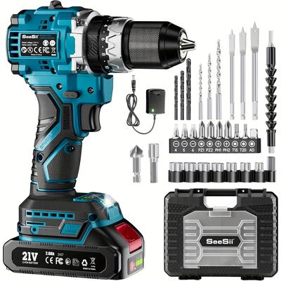 "TEMU Seesii Electric Drill Set 60nm Cordless, Brushless 1/ 2" Drill Driver Tool Kit With Battery&charger, 20+3 Torque Setting+2 Speed, Drill Set Gift For Home And Diy" Image