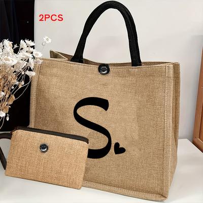 TEMU Special Valentine's Day Letter Print Women's Fabric Tote Bag Set With Storage Bag, For , Girlfriends, And . Image