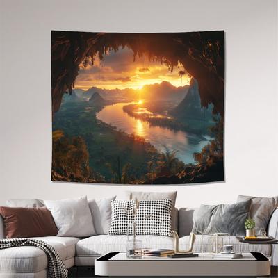 TEMU Spectacular Sunrise River Landscape Wallpaper - Includes Installation Kit - Perfect For Living Room, Bedroom, Office, Or Party Decor - Made Of Durable Polyester Fabric Image