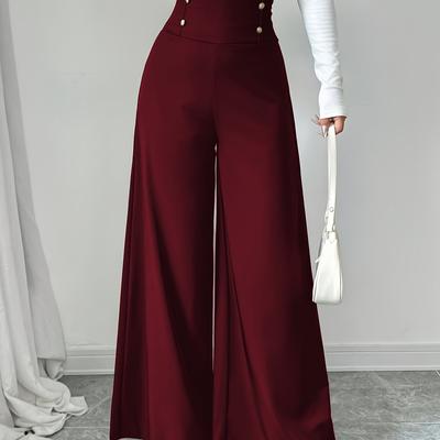 TEMU Elegant High-waist Wide Leg Pants For Women - Burgundy Solid Color With Double-breasted Detail, , Machine Washable, Spring Office Or Casual Outfits, Professional Workwear, No Stretch Fabric Image