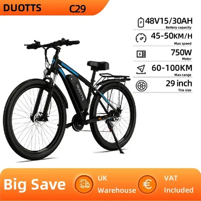 DUOTTS C29 Adult E-bike 750W Motor City Electric Bike 48V 15/30Ah Battery Electric Bicycle 29 Inch Tire Man's E-Mountain bike