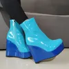 Laigzem Frauen Stiefeletten Plattform runde Zehen Seite Reiß verschluss glänzende kurze Stiefel Höhe erhöhen Damenschuhe Frau große Größe 39 43 45 52