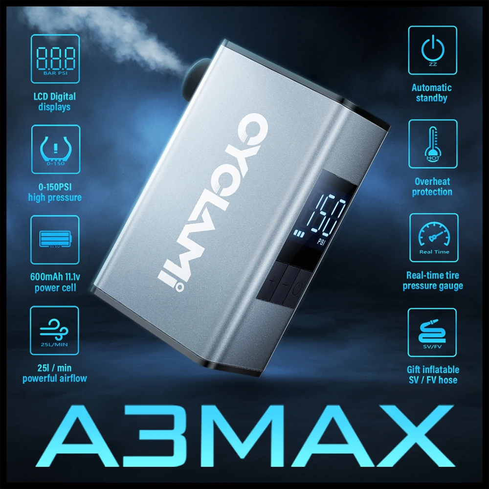 Elektrische Pumpe aus Aluminiumlegierung, 150 PSI, tragbar, für Fahrrad, wiederaufladbar, Reifenfüller, Schrader, Presta-Ventil, Silber, CYCLAMI A3 MAX Image