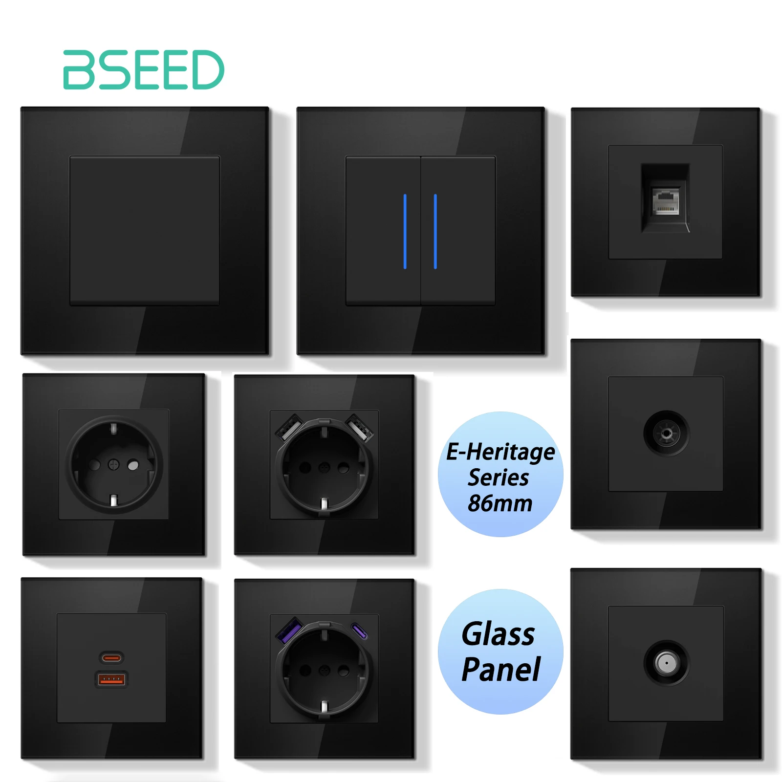BSEED E Serie 1/2 Gang Taste Licht Schalter Knopf Dimmer Schalter Wand EU Steckdose ST TV Steckdose Glas Panel Schalter Steckdose Serie Image