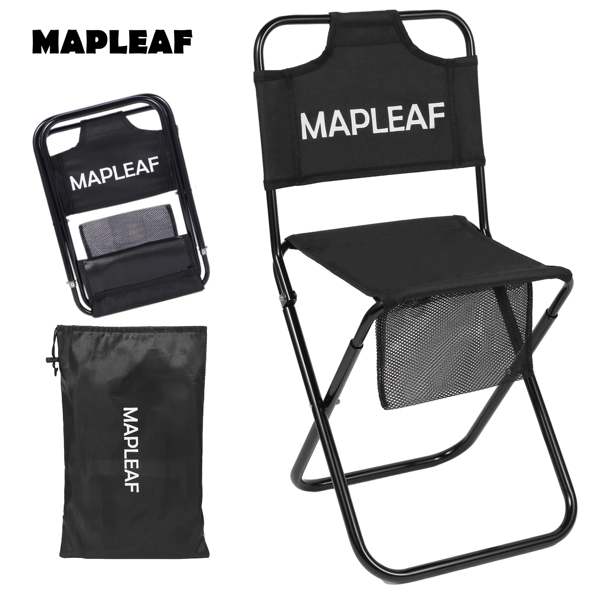 MAPLEAF Campingstuhl, ultraleicht, faltbar, tragfähig, 75 kg, mit Rückenlehne und Netztasche, kompakt, für Picknick, Outdoor, Wandern, Angeln