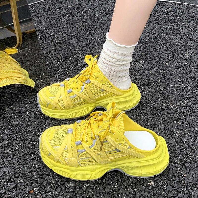 Baotou Shallow Lace-up Cool Drag Frühling und Sommer Neue runde Kopf Mesh atmungsaktive Plattform Casual Sportschuhe