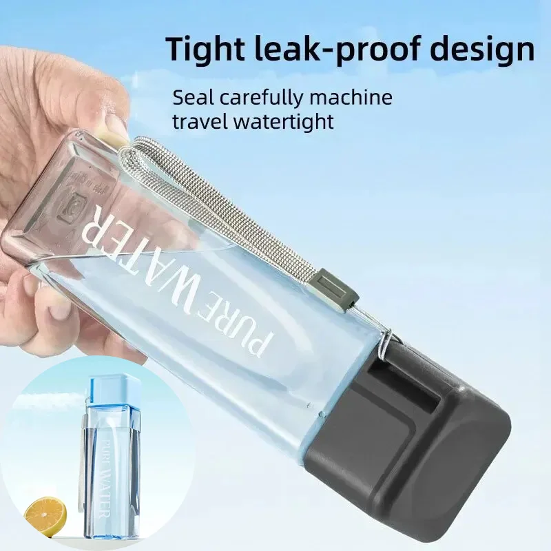 1 Stück 500 ml quadratische Sportwasserflasche, auslaufsicher, tragbar, mit Riemen für Outdoor, Fitnessstudio, Wandern, Reisen, Kaffee, Saft, Plastikbecher Image