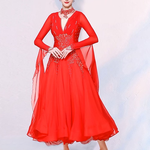 Gesellschaftstanz Kleid Kristalle / Strasssteine Damen Leistung Party Langarm Chiffon Spandex Image