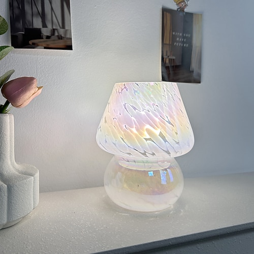 Pilzlampe Vintage Tischlampe Glas Nachttischlampe mit Kabel dimmbare Tischlampe mit 3 Farbglühbirne Retro Schreibtischlampe Pilz Nachtlicht LED Minilampe für Büro Bars Wohnzimmer Schlafzimmer Image
