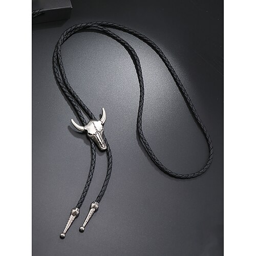 Bolotie-Halskette für Herren mit Stierkopf – Western-Kuhschädel-Anhänger mit geflochtener Lederschnur, Accessoire im Vintage-Cowboy-Stil für Country-Konzerte, Rodeos und den Alltag Image