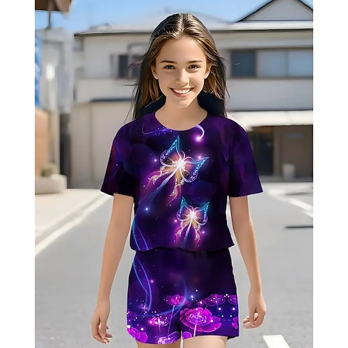 Mädchen 3D Schmetterling T-Shirt Shorts Set Kurzarm Sommer Frühling Sport Mode Täglich Kinder 4-12 Jahre Rundhalsausschnitt Outdoor Urlaub Sport Figurbetonter Schnitt Image