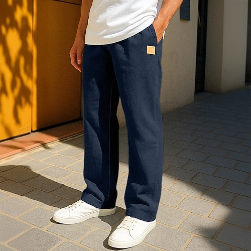 Herren Leinenhosen Hose Sommerhose Baggy-Hosen Strandhose Tasche Kordelzug Elastischer Bund Einfach Komfort Atmungsaktiv Volle Länge Lässig Täglich Ferien Urlaub Mode Schwarz Weiß Image