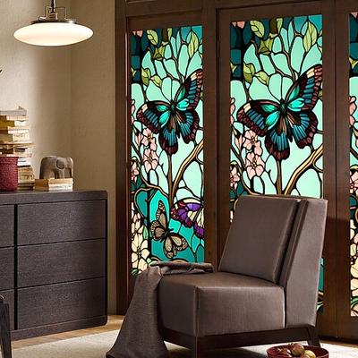 Retro-Fensteraufkleber mit Blumen und Vögeln, elektrostatischer PVC-Glasaufkleber, nicht klebend, entfernbar, zufälliges Farbmuster Image