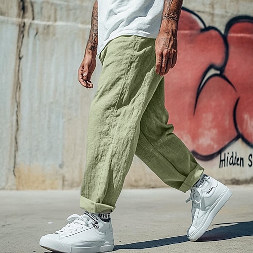 Herren Leinenhosen Hose Sommerhose Baggy-Hosen Strandhose Kordelzug Elastischer Bund Gerader Schnitt Einfach Komfort Atmungsaktiv Volle Länge Lässig Täglich Ferien Urlaub Mode Schwarz Weiß Image