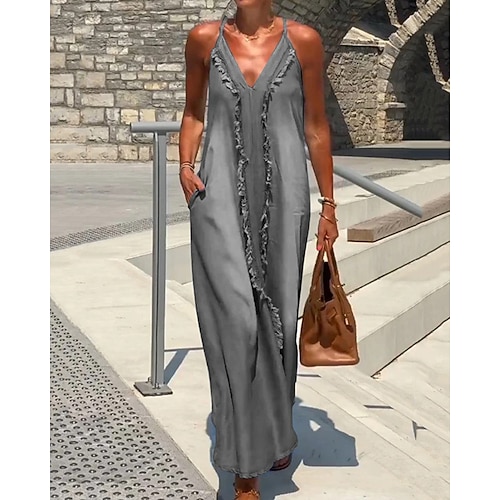 Langes Damenkleid, Maxikleid, Boho-Kleid, Sommerkleid, Slipkleid, Vintage-Mode, Outdoor-Party, Urlaub, normale Passform, Ombré, ärmellos, V-Ausschnitt, blau, schwarz, weiß, grün, Sommer Image