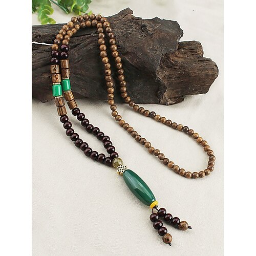 Herrenkette aus Naturholzperlen mit tibetischem Totem-Anhänger, langer Kettenschmuck im Boho-Ethno-Stil für Meditation, Yoga, spirituelle Zusammenkünfte und lässige Sommeroutfits Image