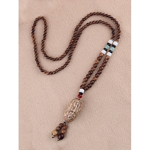 Herrenkette aus Naturholzperlen mit tibetischem Totem-Anhänger, langer Kettenschmuck im Boho-Ethno-Stil für Meditation, Yoga, spirituelle Zusammenkünfte und lässige Sommeroutfits Image