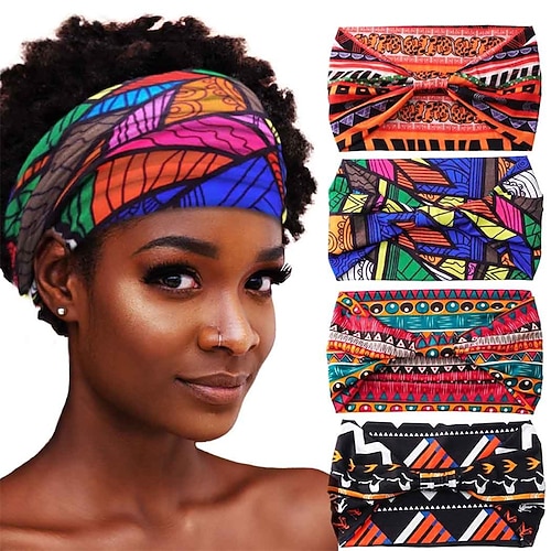 Afrikanische Stirnbänder, Boho-Haarbänder mit Knoten, dehnbar, breite Kopfwickel, elastische Yoga-Turban-Haarschals, Workout, bedruckte Haaraccessoires für Frauen, 4er-Pack Image