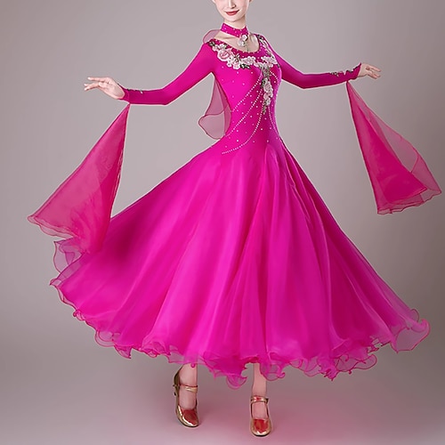 Gesellschaftstanz Kleid Stickerei Spleißen Kristalle / Strasssteine Damen Leistung Party Langarm Spandex Organza Image