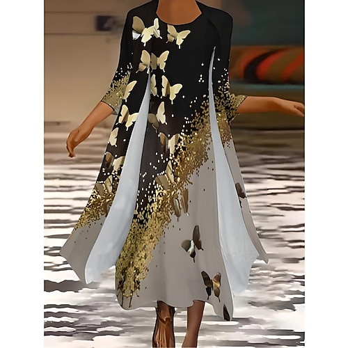 Damen Kleid-Set Sommerkleid Urlaub Lässig Ombre Blumen Druck Maxikleid Dreiviertelarm Rundhalsausschnitt Täglich Hochzeitsgast Schwarz Himmelblau Dunkelblau Sommer Frühling Normale Passform Image