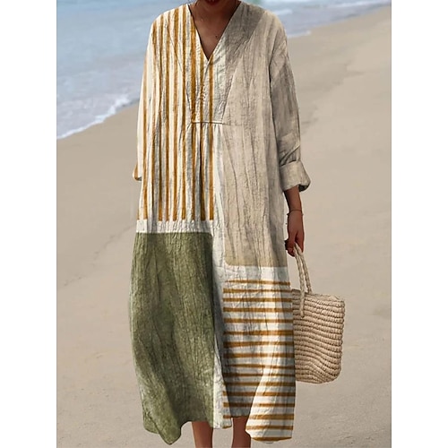 Abito Midi Donna V Neck Maniche Lunghe Kaftan Leggero Fit Largo Abito A-Line Casual Boho Uscita Fit Largo Grafico Maniche Lunghe V Neck Nero Blu Arancio Khaki