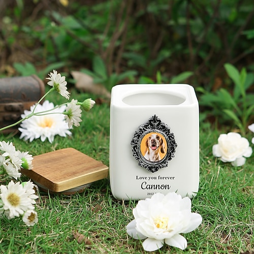 Urna commemorativa personalizzata per animali domestici con foto, nome e testo, scatola portacenere in ceramica personalizzata per cane e gatto, regalo commemorativo per animali domestici in caso di perdita di un animale domestico, ricordo eterno