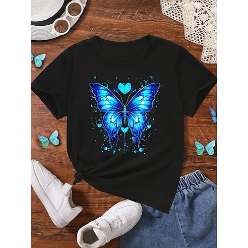 Mädchen 3D Schmetterling T-Shirt Kurzarm Sommer Frühling Mode Basic Kinder 4-12 Jahre Rundhalsausschnitt Outdoor Lässig Täglich Normale Passform Image