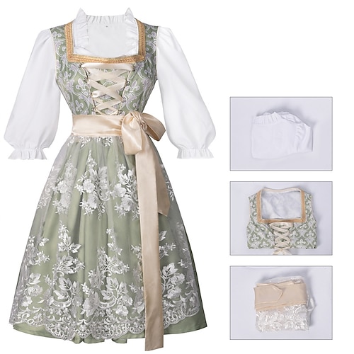 Damen Elegantes Bayerisches Dirndl Kleid Kostüm mit Spitzenschürze und Satinschbluse Champagner Gold Outfit für das Oktoberfest Festival Image