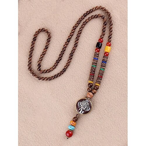 Herrenkette aus Naturholzperlen mit tibetischem Totem-Anhänger, langer Kettenschmuck im Boho-Ethno-Stil für Meditation, Yoga, spirituelle Zusammenkünfte und lässige Sommeroutfits Image