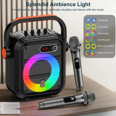 FanFun 66Pro 5200MAH Portable BT Speaker With 2 Wireless Microphones, Karaoke Speaker For Adults, Karaoke Machine With DJ Light